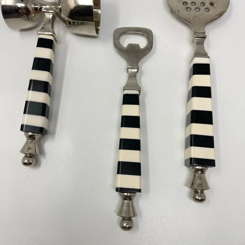 Darren Ransdell Set of 3 Metal Bar Tools Black White Stripe Plastic Handles